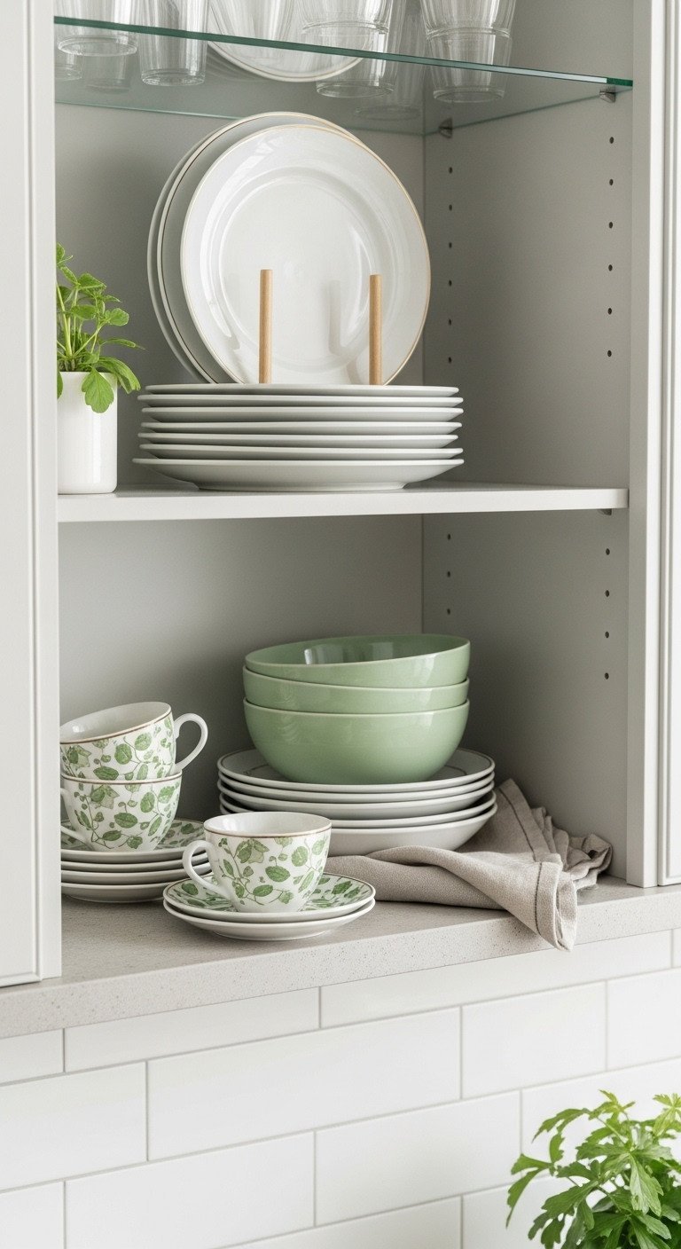 Dynamic glass kitchen cabinet display: plates on riser, bowls, and teacups create depth on a pale stone shelf. Organized kitchen.