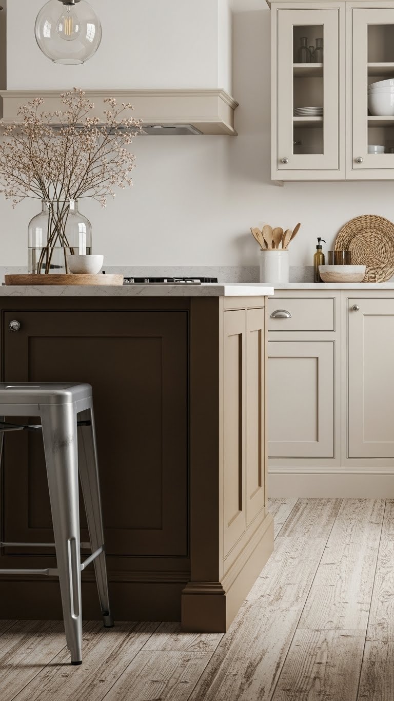 Earthy bronzey taupe shaker kitchen cabinets on island, distressed wood floor, industrial stools, dried flowers, warm light.