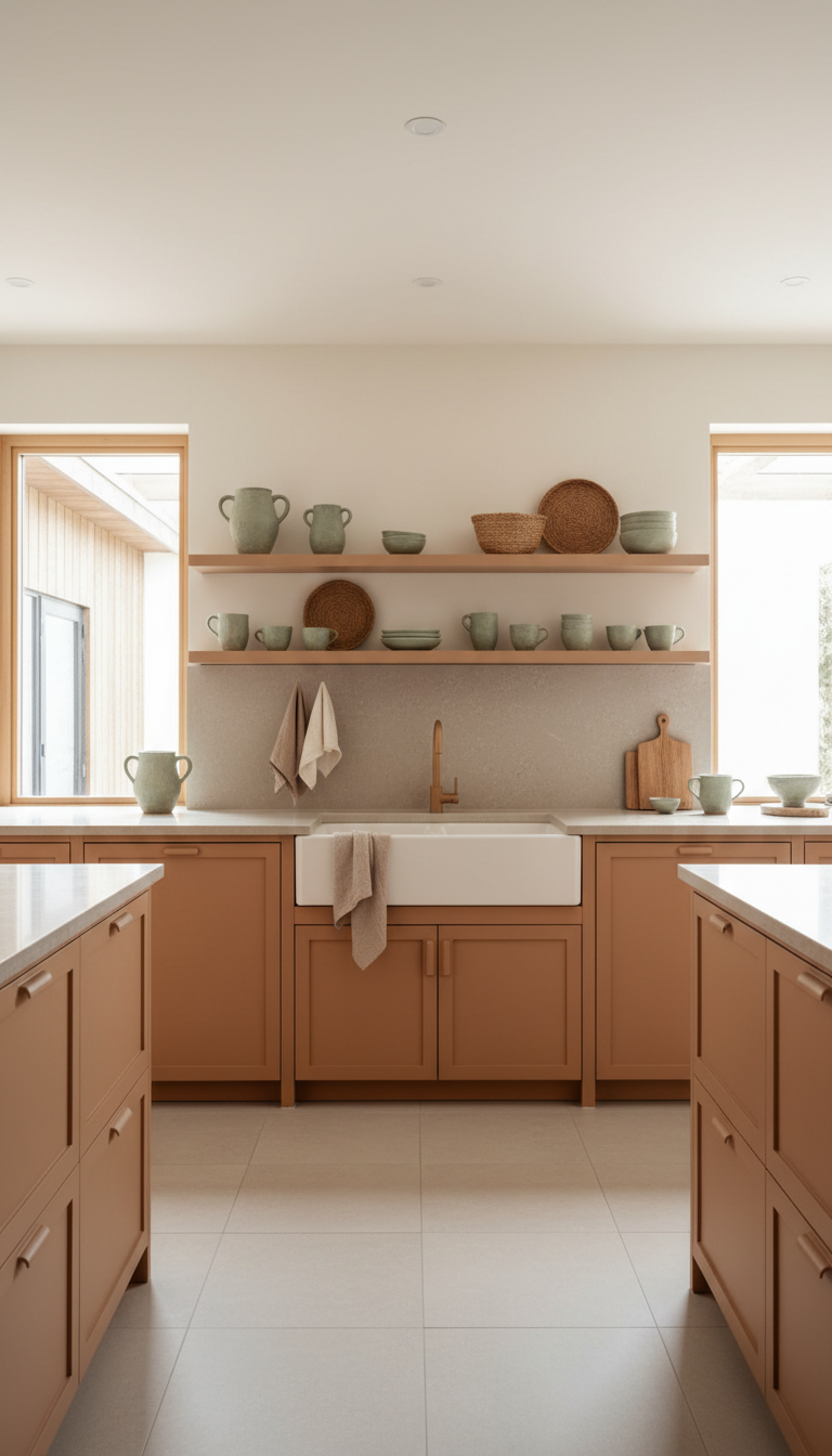 Earthy modern kitchen in off-white, terracotta, sage green, taupe tones. Calm design with woven baskets, linen, pottery accents.