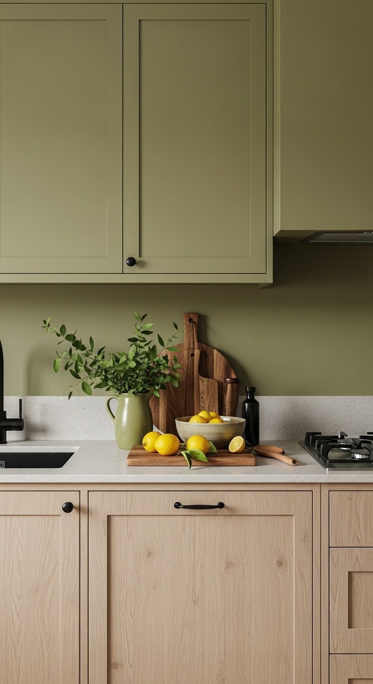 Earthy olive green kitchen, natural wood cabinets, stone countertop, wooden board, fresh lemons, matte black hardware.