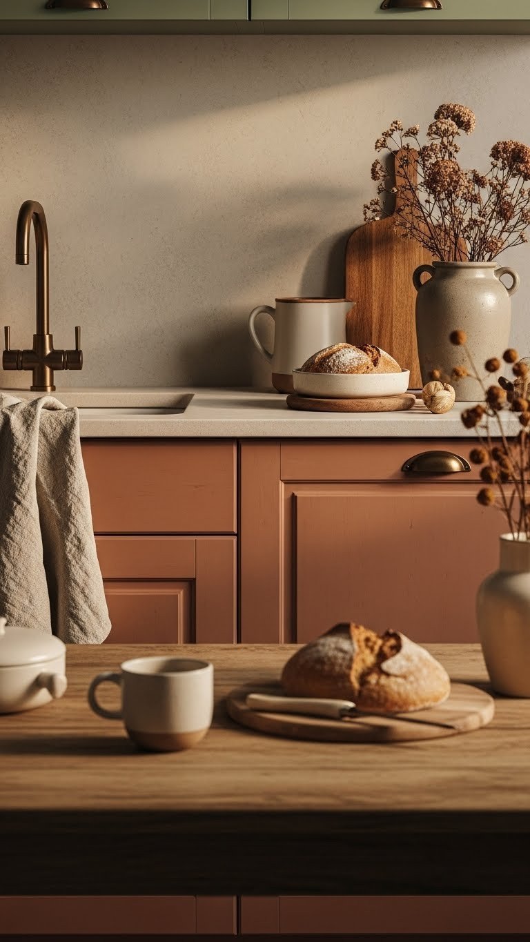 Earthy terracotta kitchen features muted clay-colored cabinets, aged bronze hardware, and soft linen. Warm, rustic design.