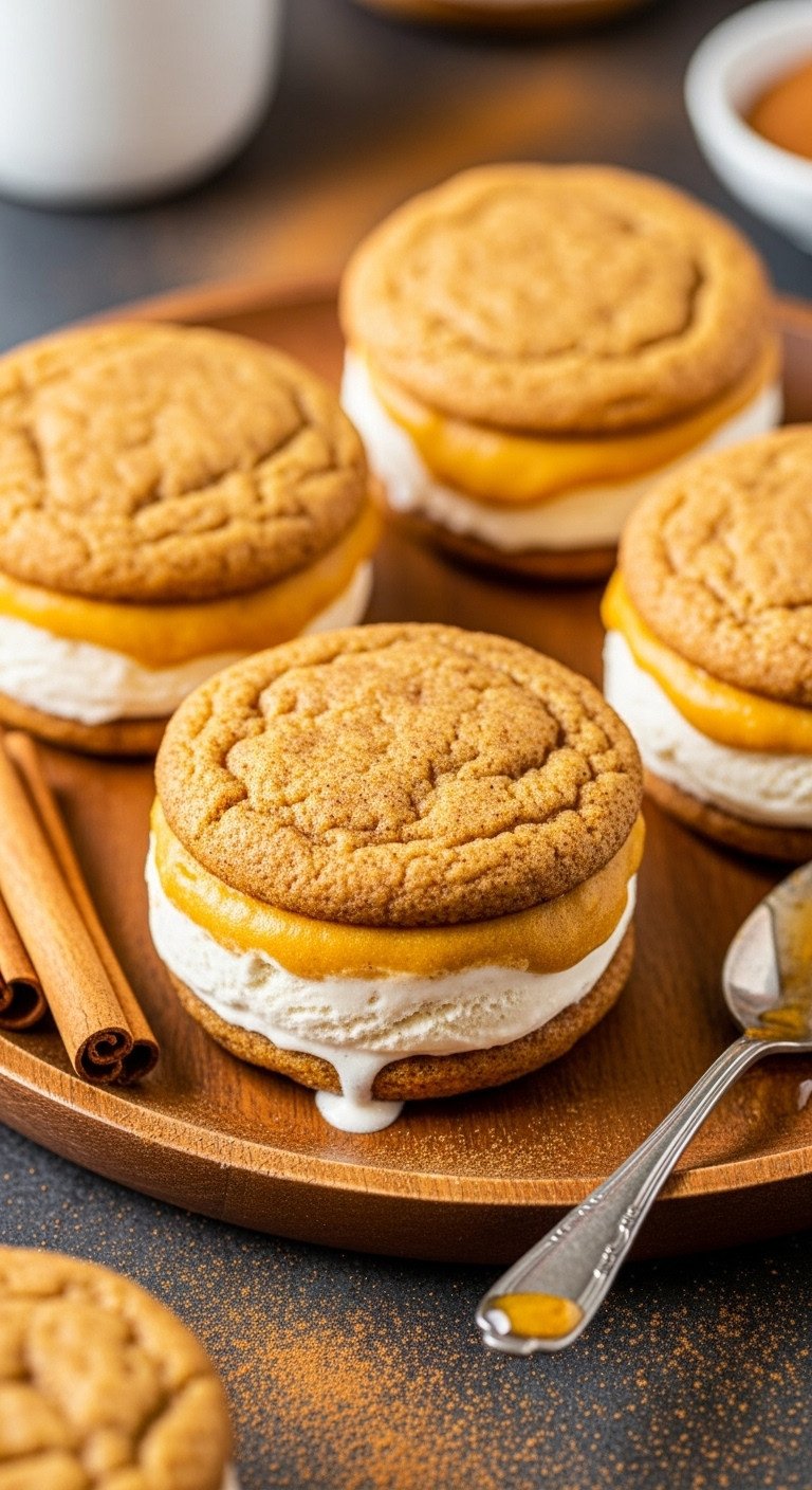 Easy Pumpkin Pie Ice Cream Sandwiches with golden ice cream, snickerdoodle cookies, on a rustic platter.