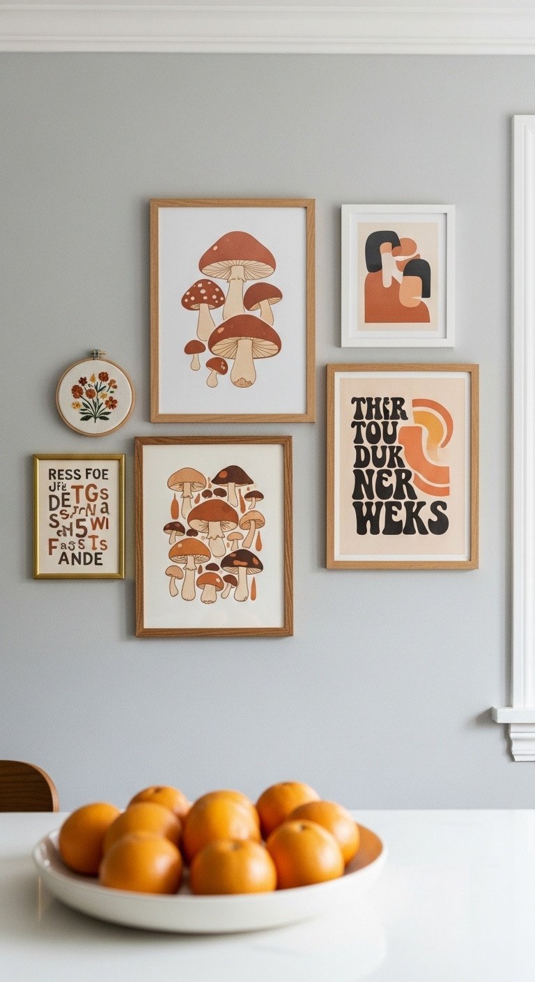 Eclectic 70s-themed gallery wall in a kitchen featuring framed mushroom prints and abstract art in wood and brass frames.