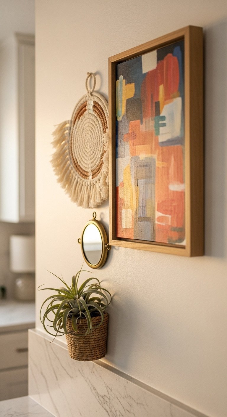 Eclectic bohemian kitchen wall art featuring a framed abstract painting, a woven wall hanging with fringe, and a brass mirror.