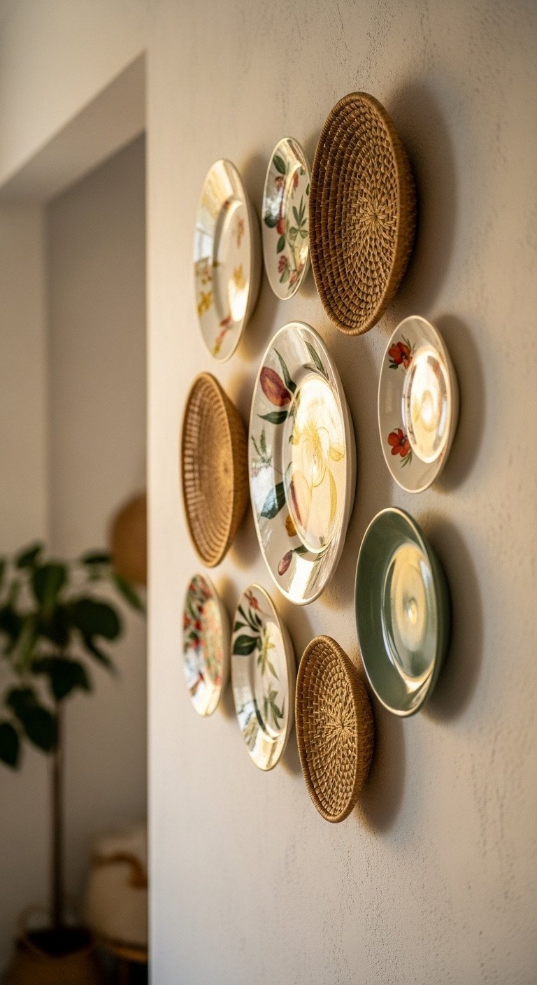 Stunning Plate Wall Decor And The Secrets To Hang It Right 3 Eclectic bohemian wall decor featuring a cluster of woven wicker baskets and ceramic plates on a textured off-white wall.