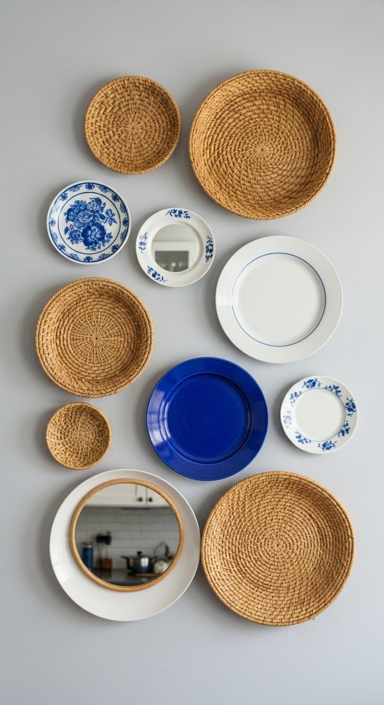 Eclectic kitchen gallery wall on a light gray background, mixing woven baskets with blue vintage plates and a small round mirror.