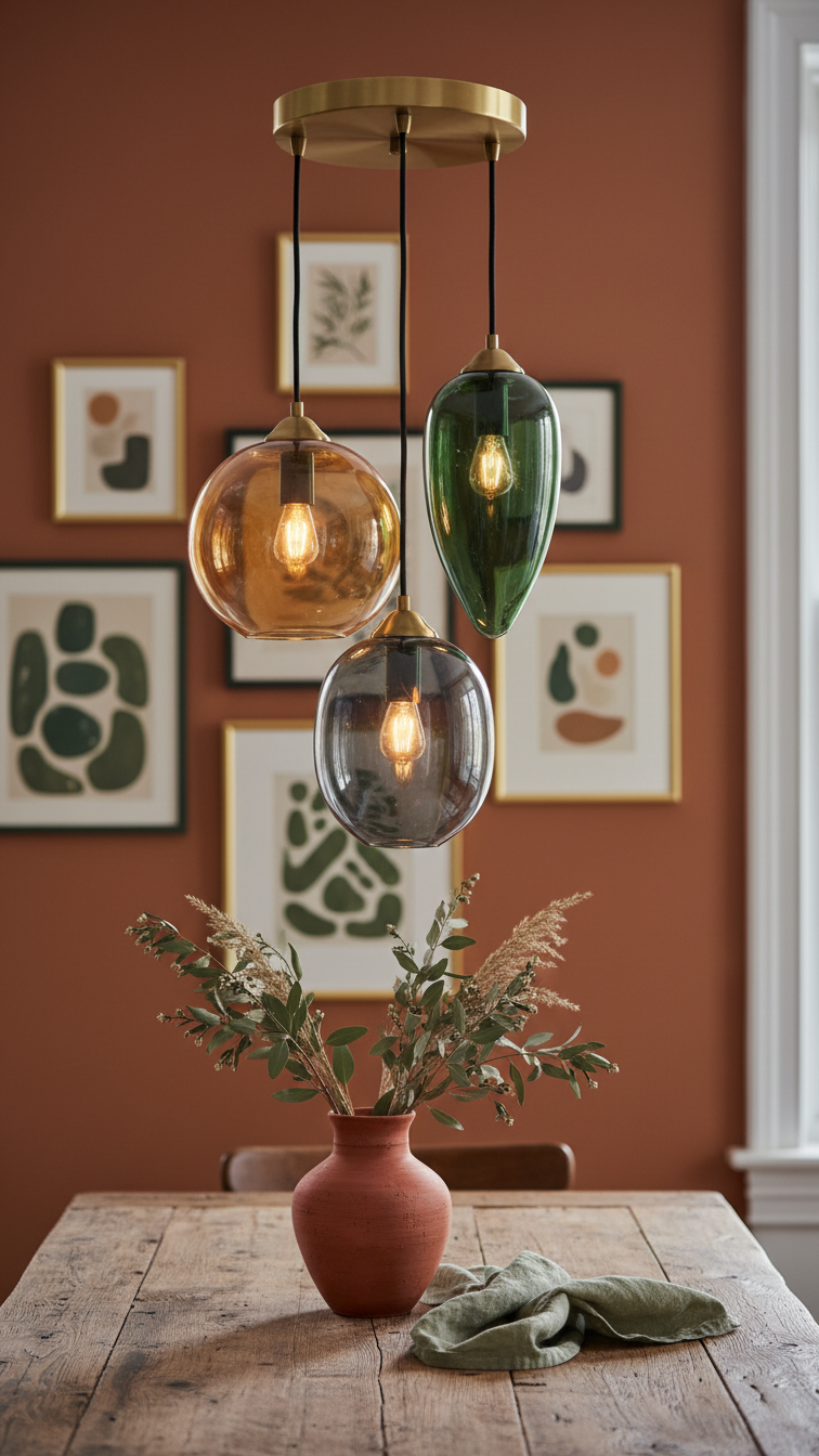 Eclectic kitchen with a multi-light cluster of hand-blown glass pendants in earthy colors over a wooden table, charming decor.