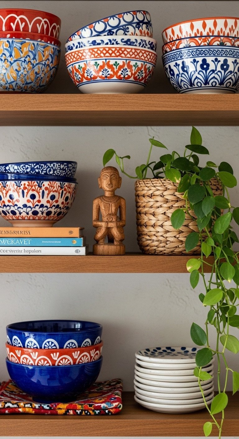 Eclectic open kitchen shelves with globally-inspired decor, including hand-painted ceramic bowls and a trailing plant.