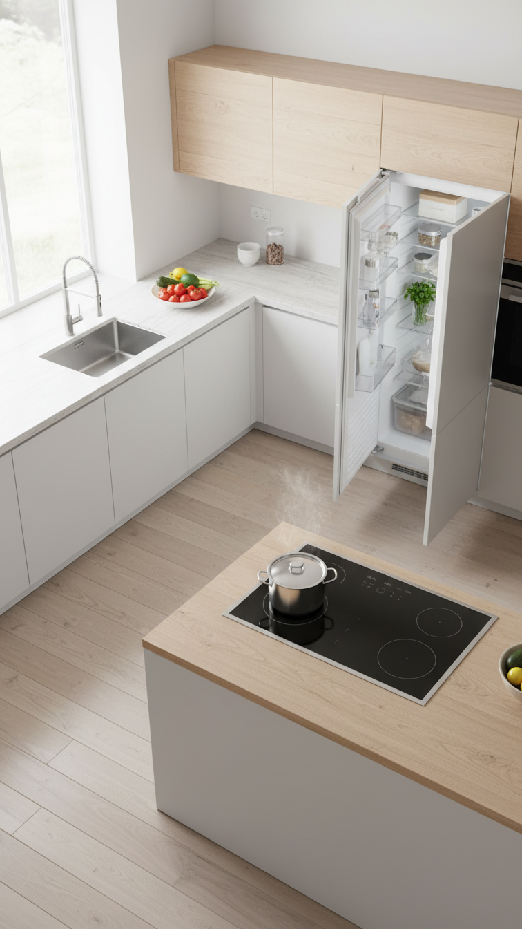 Efficient L-shaped kitchen with perfect Work Triangle layout: sink, induction cooktop, and integrated refrigerator. Modern, organized design.