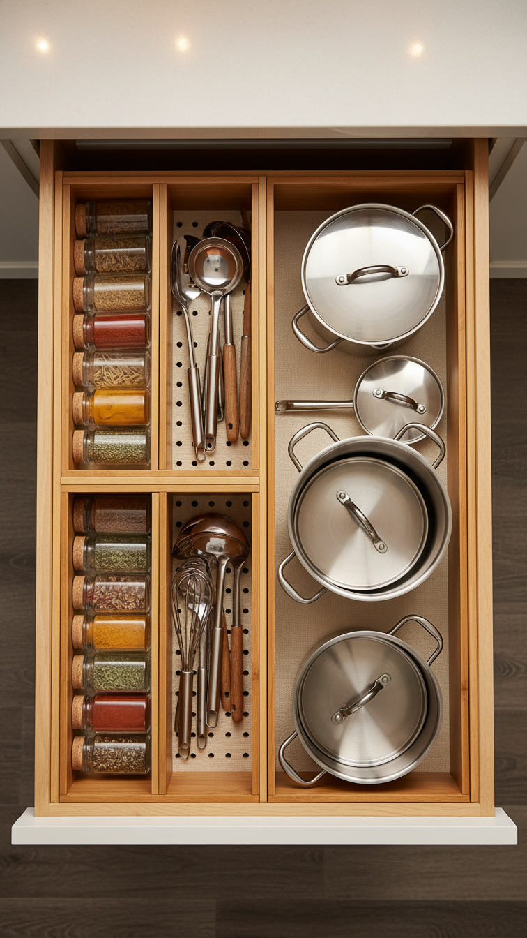 Efficient kitchen deep drawer storage with modular systems, bamboo dividers, and organized spice jars for optimized kitchen functionality.