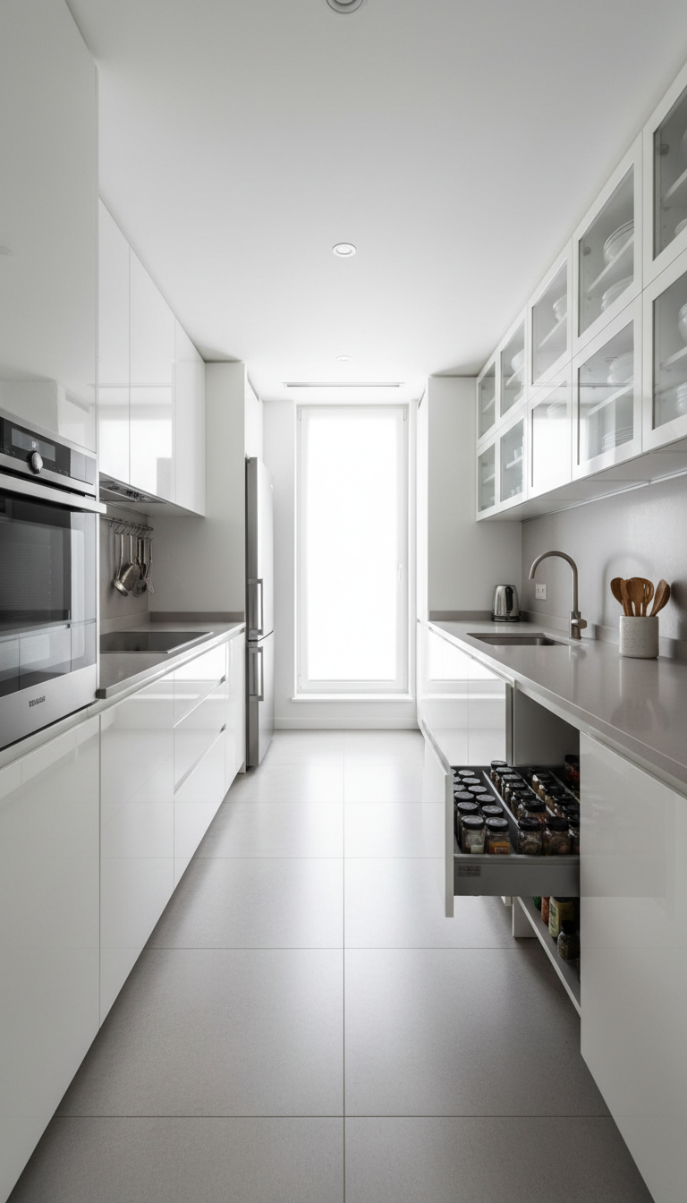 Efficient luxury galley kitchen with parallel counters, light gray surfaces, white cabinetry, and an organized spice drawer maximizes space.