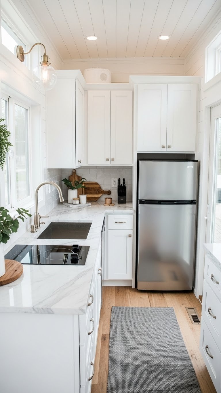 Efficient tiny house kitchen layout, uncluttered workflow triangle: sink, fridge, cooktop. Marble counter, clear floor space.