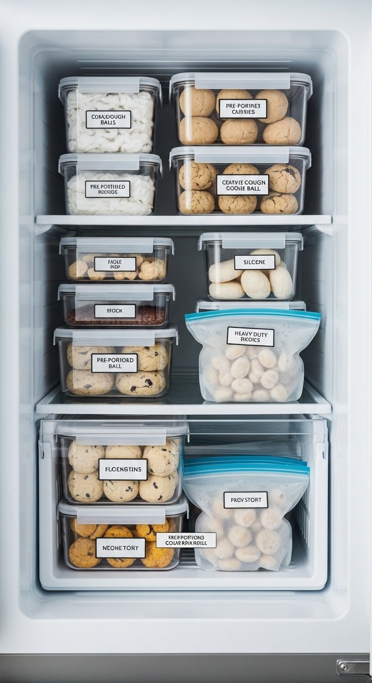 7 Genius Christmas Kitchen Restock Ideas For Cozy Hosts 9 Efficiently organized deep freezer with neatly stacked, labeled frozen meal prep items in clear containers. Food storage solution.