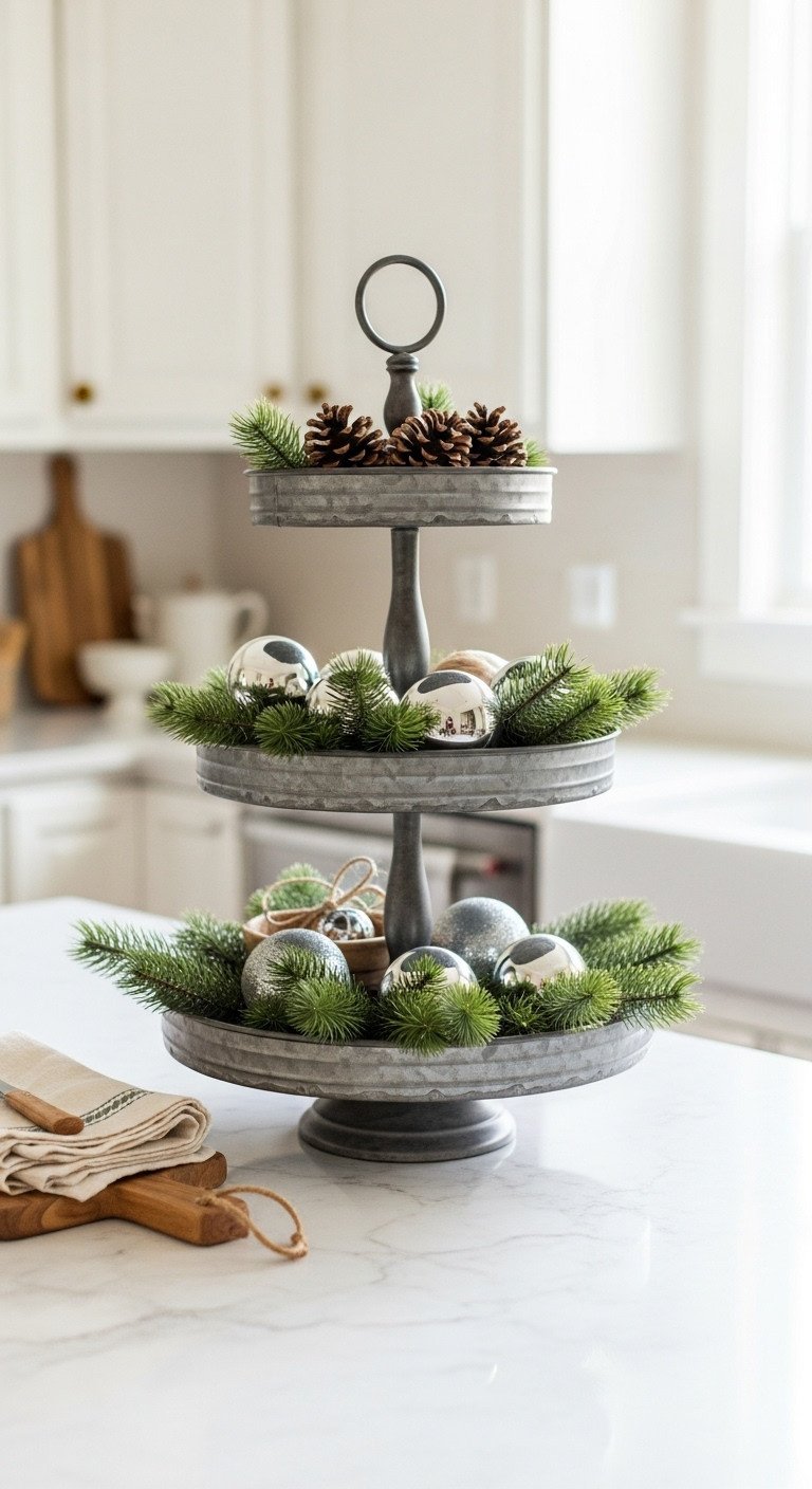 Elegant 3-tier metal serving tray decorated for Christmas with pine boughs, silver ornaments on white marble kitchen island.