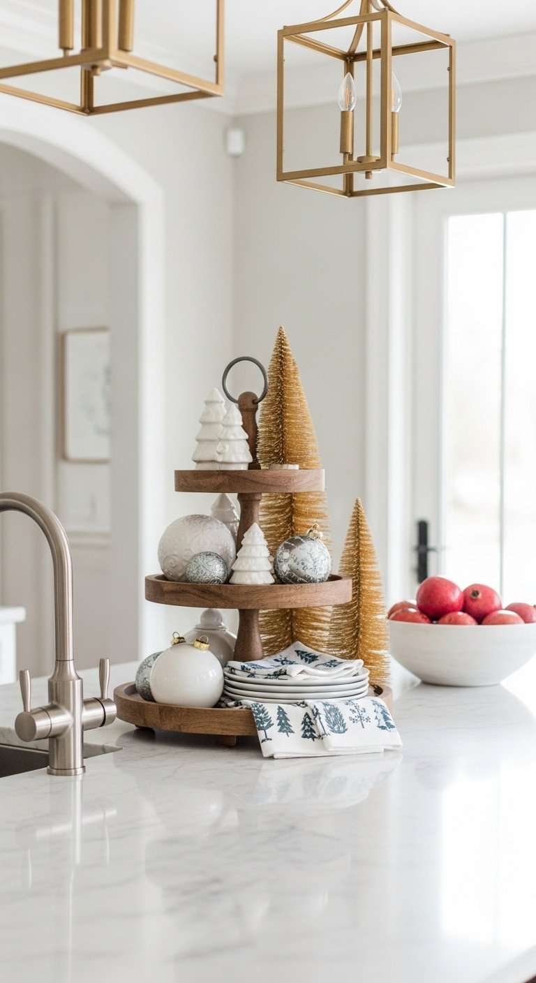 Elegant Christmas kitchen island centerpiece with a three-tiered wooden tray, white ceramic ornaments, gold trees, and dish towels.