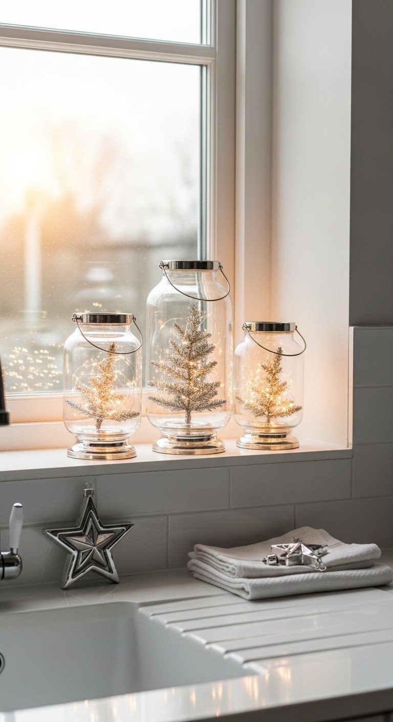 Elegant Christmas kitchen window sill with clear glass hurricane lanterns, warm LED fairy lights, and silver pine accents.