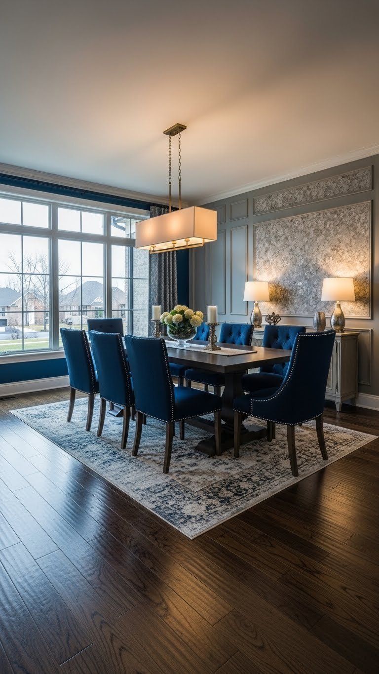 Elegant L-shaped dining area with rectangular table, distinctive pendant light, and stylish chairs on dark wood floor. Sophisticated design.