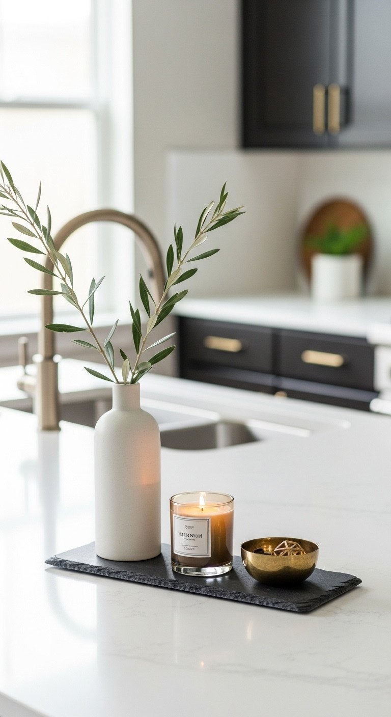 Elegant 'Rule of Three' decor vignette on a slate tray with an olive branch in a vase, candle, and brass bowl on an island.