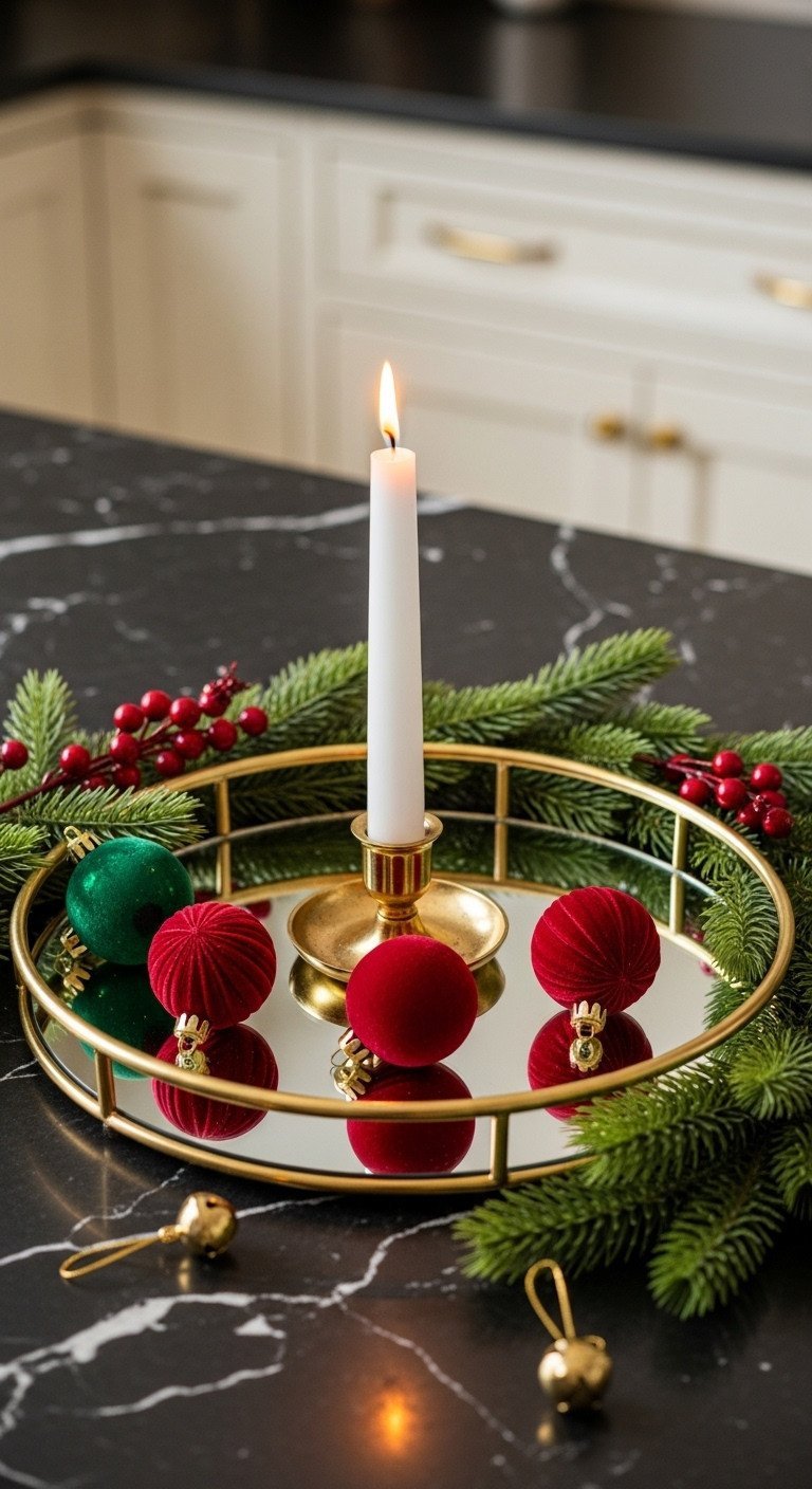 Elegant Traditional Christmas decor on a round mirror tray with a gold candle, red velvet ornaments, and thick pine garland.