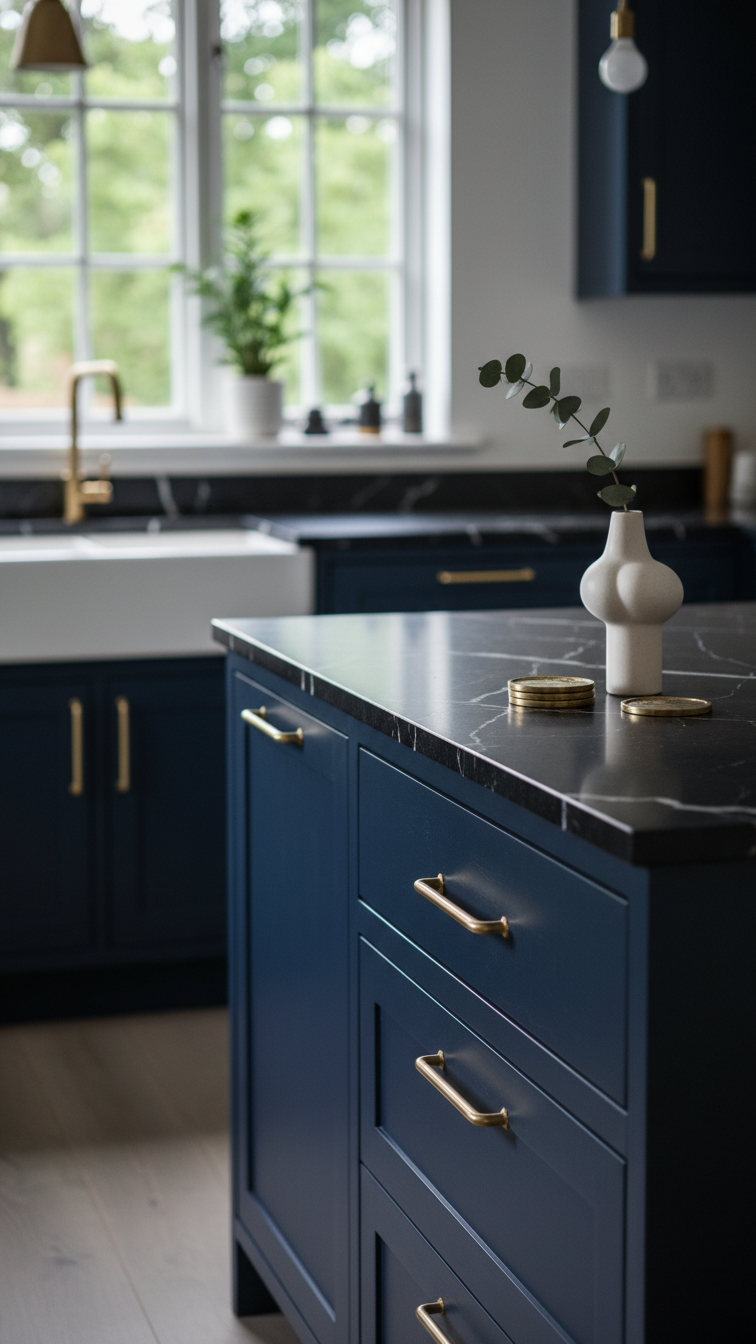 Elegant U-shaped kitchen featuring deep navy blue shaker cabinets, black marble countertop, and sophisticated brass handles, creating a luxurious mood.