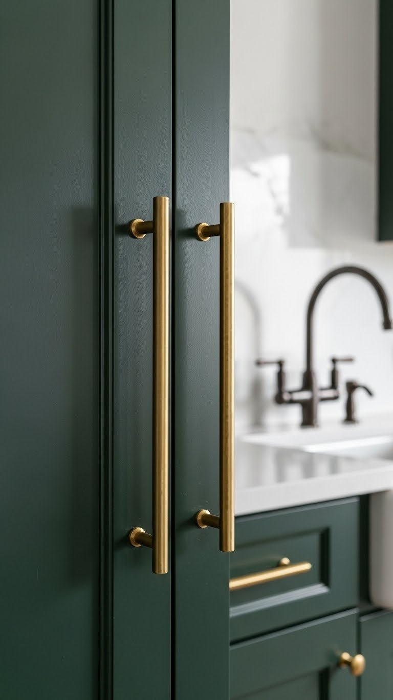 Elegant aged brass pull handles mounted vertically on a dark green kitchen cabinet, with a subtle textured wall background.