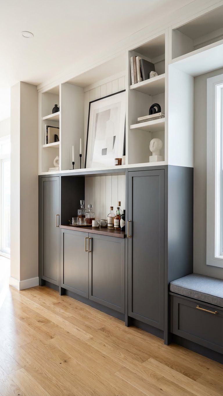 Elegant bespoke joinery seamlessly connects open concept kitchen and living room. Sleek gray & crisp white built-in storage with minimalist decor.
