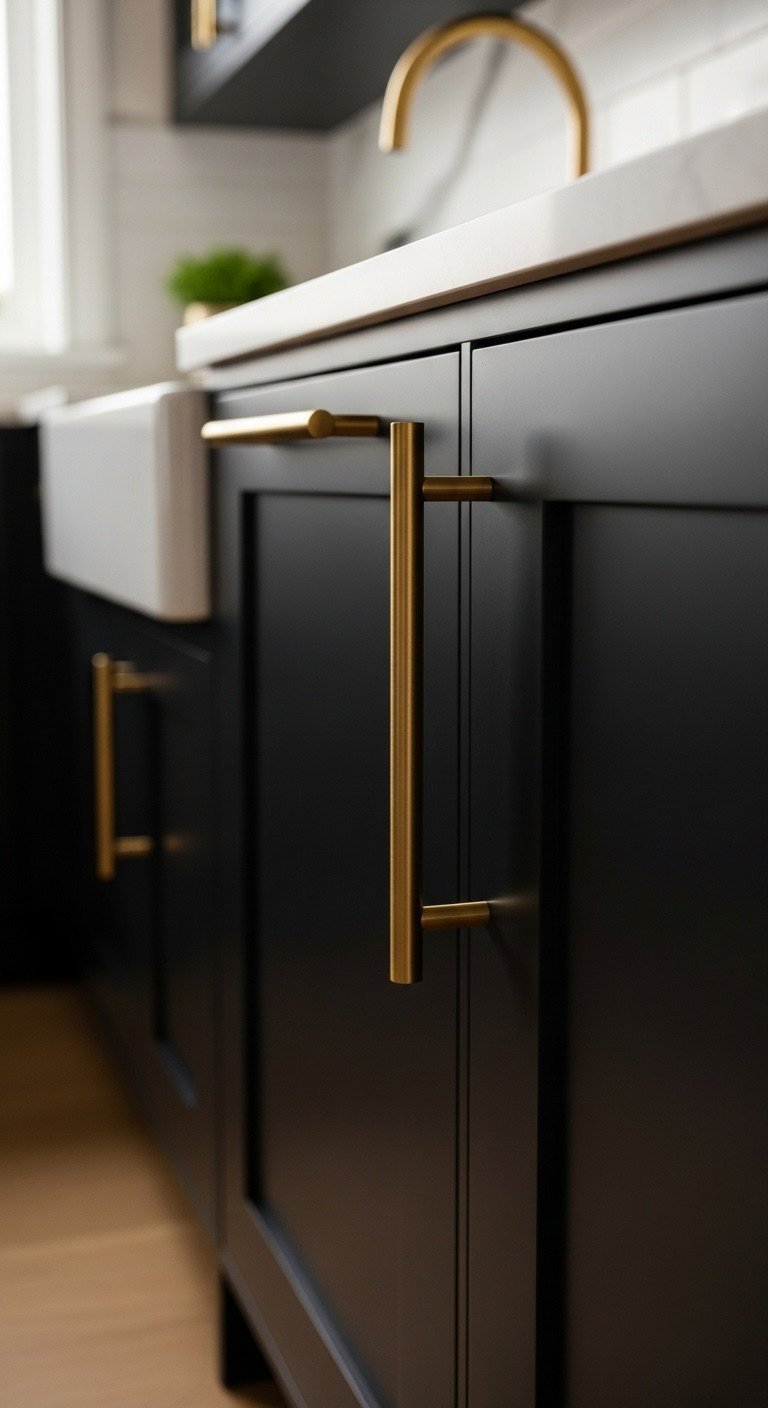 Elegant black kitchen close-up: modern matte black cabinet door with long brushed brass pull handle, featuring marble and wood details.