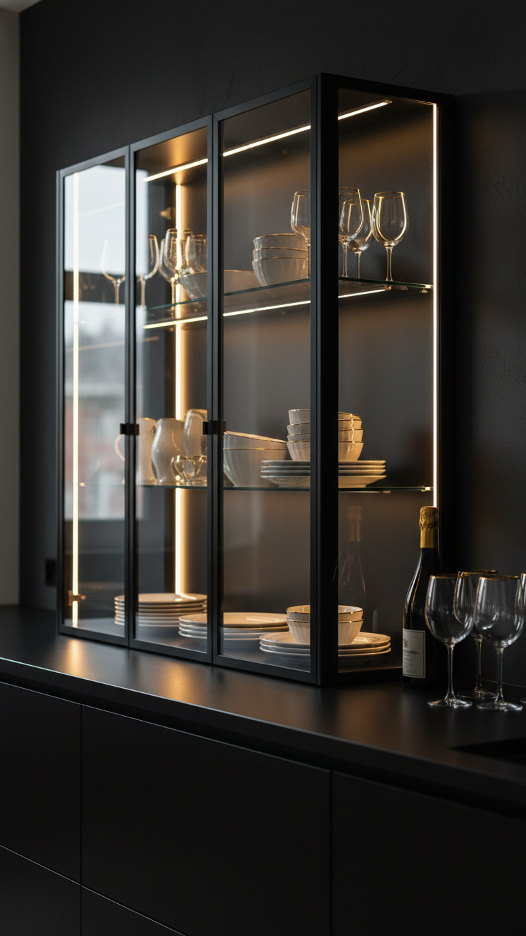 Elegant black kitchen featuring framed glass cabinets with warm interior lighting, displaying gold-rimmed glassware and wine.
