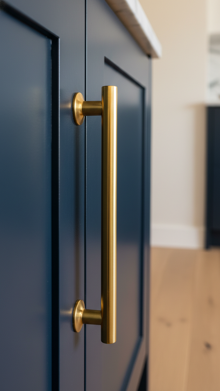 Elegant brass bar pulls on matte navy blue cabinet doors in a deep blue kitchen, warm golden hour light.