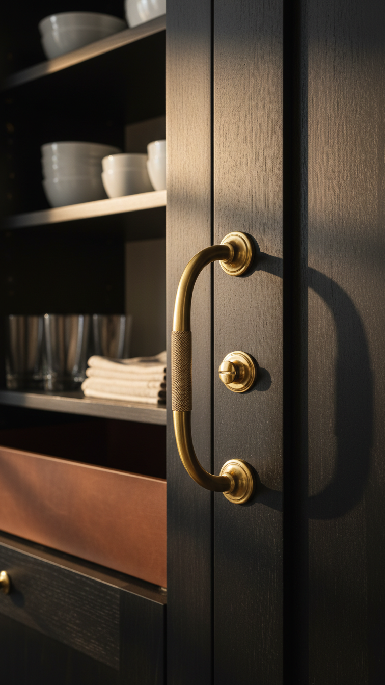 Elegant brass library pull on a dark wood custom pantry door, complementing open shelving in a sophisticated kitchen design.