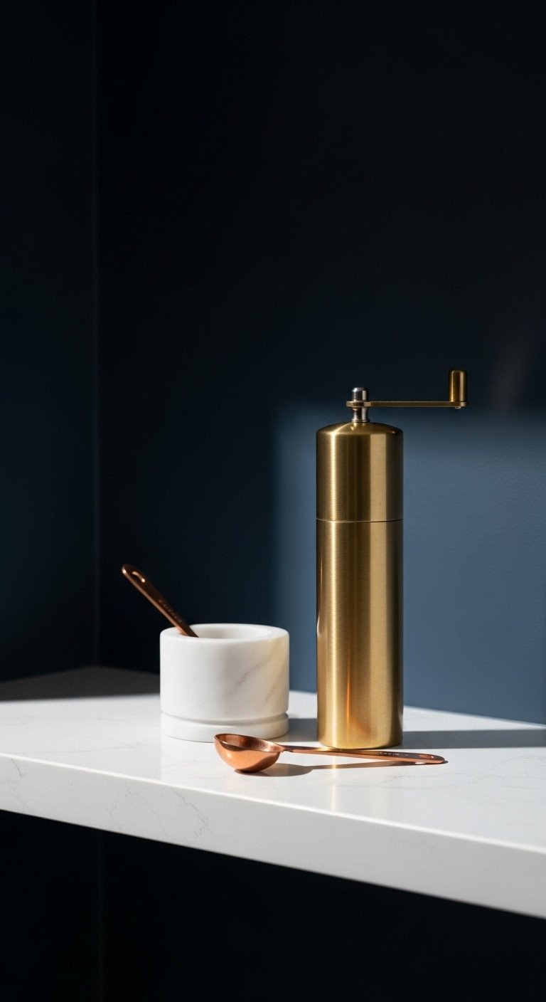 Elegant brass pepper mill and white marble salt cellar displayed on a white shelf against a dark navy blue kitchen wall.