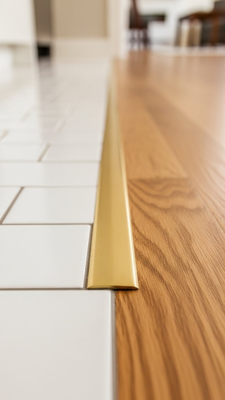 Elegant brass transition strip separating glossy white subway tile and warm oak hardwood in an open kitchen living room.