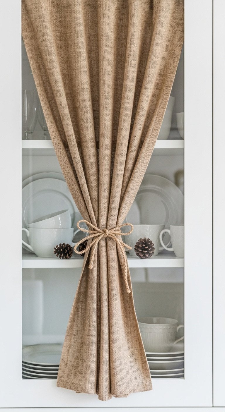 Elegant burlap curtain tied with jute twine inside glass-front kitchen cabinet, displaying white ceramic dishes and pine cones.
