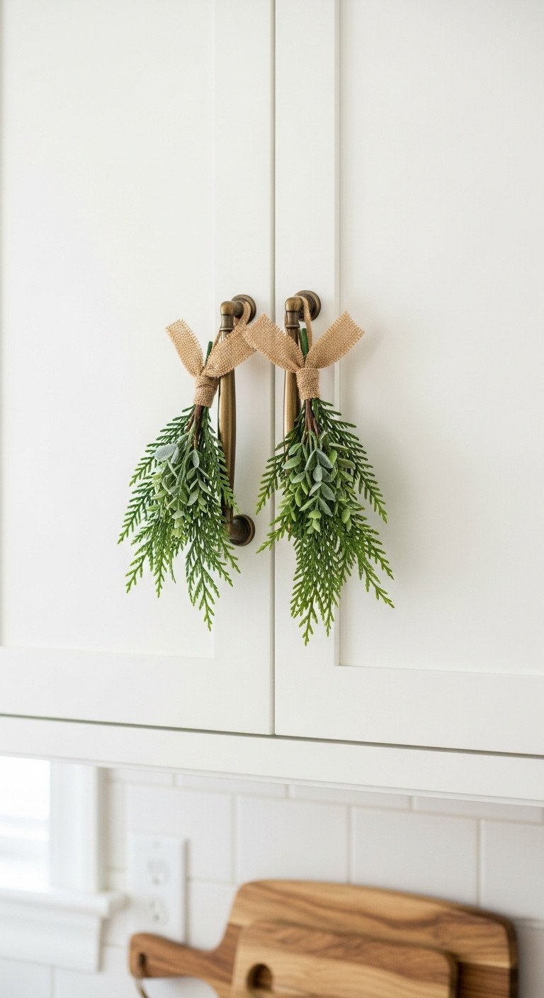 Elegant cedar swags with burlap ribbon on white shaker kitchen cabinet handles, with antique brass pulls and wood cutting board. Cozy kitchen decor.
