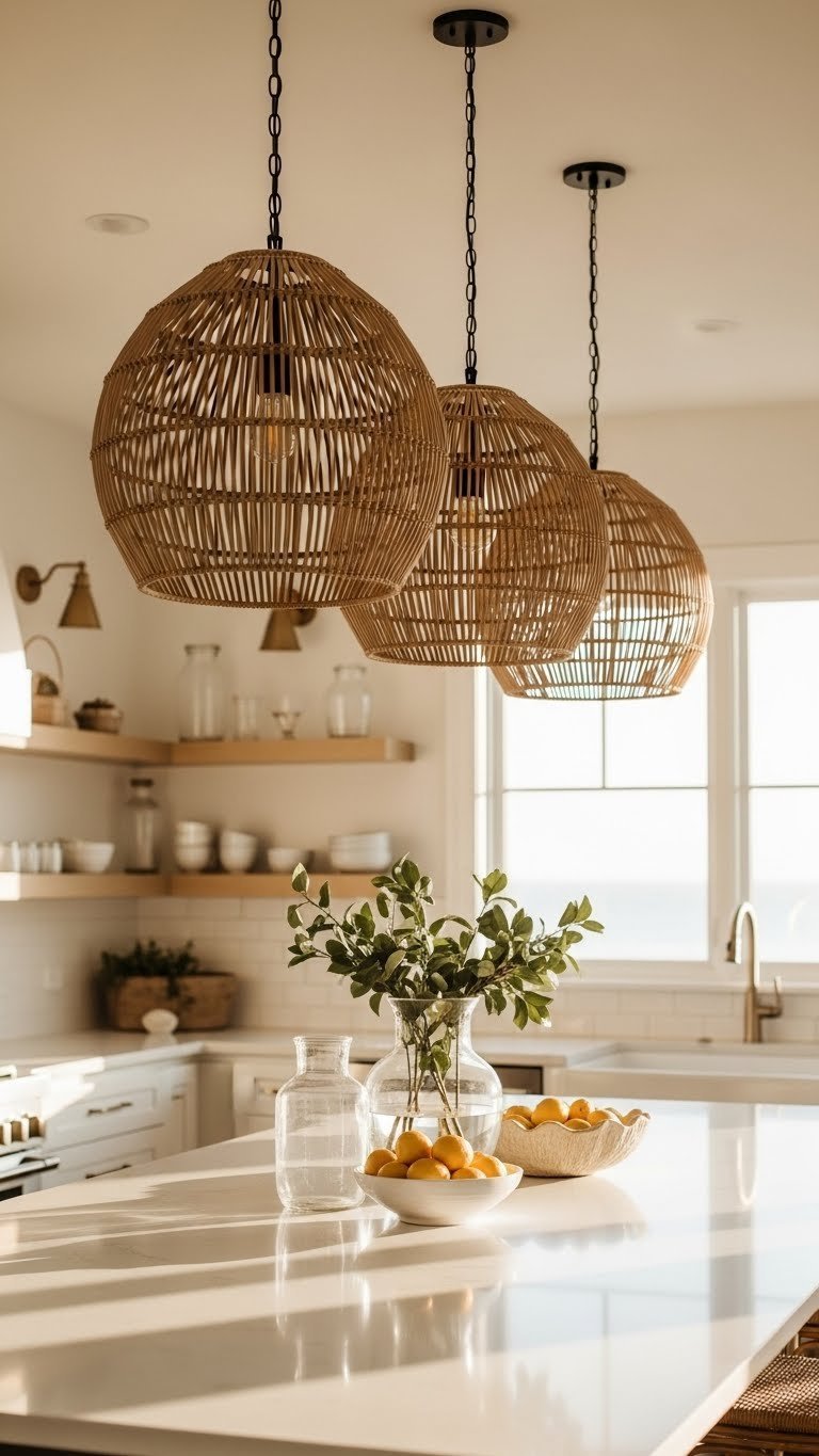 Elegant coastal kitchen island: three oversized woven rattan pendant lights illuminate a white quartz countertop and open shelving.