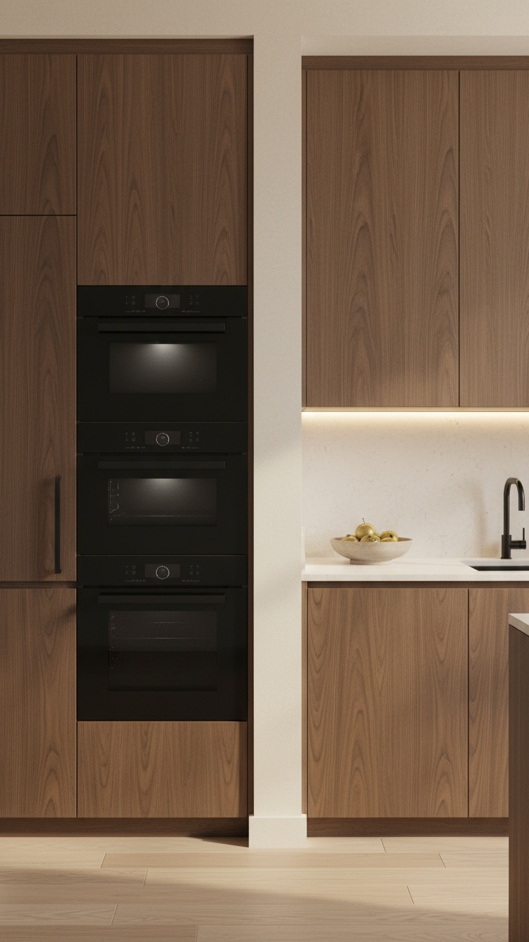 Elegant contemporary kitchen: dark wood appliance tower with flush-mounted ovens and microwave, minimalist design.
