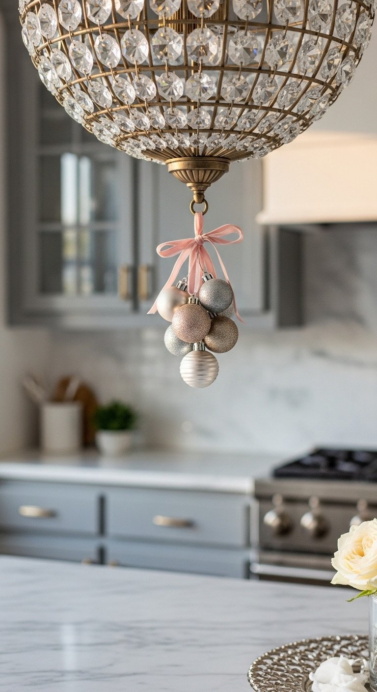 Elegant crystal chandelier pendant light decorated for Christmas with silver and gold ornaments, velvet ribbon, marble counters, and glassware.