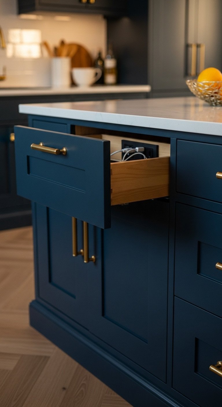 11 Genius Ways To Hide Kitchen Outlets With Flawless Decor 9 Elegant dark blue kitchen island with false drawer slightly ajar, revealing a hidden electrical outlet and charging station.