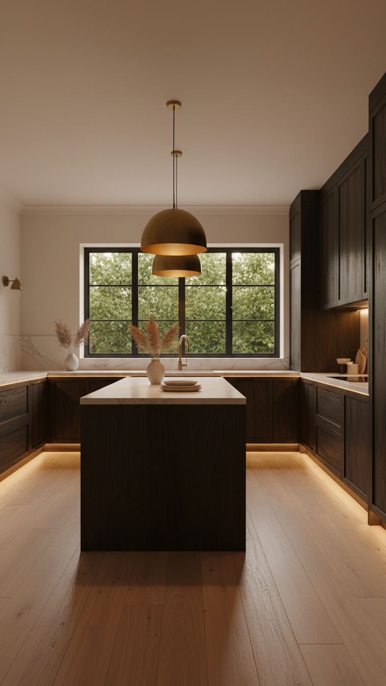 Elegant dark espresso wood kitchen with under-cabinet LED lights, brass pendant lighting over a dark island, warm ambiance.