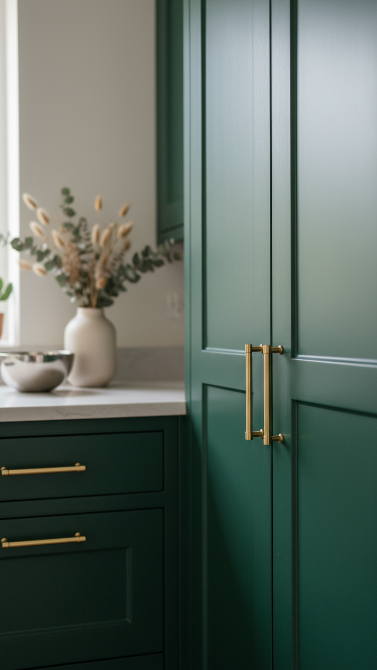 Elegant dark forest green shaker kitchen cabinets with brushed brass hardware. Light stone countertop, ceramic vase, and stainless steel bowl.