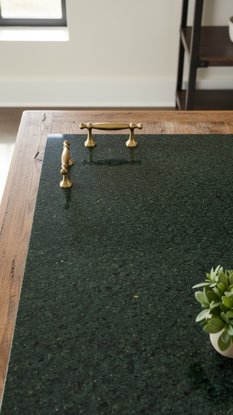 Elegant deep forest green granite kitchen countertops with gold flecks. Brass hardware and fresh potted plants for biophilic kitchen design.
