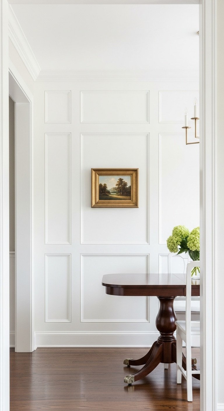 Elegant dining room with a crisp white board and batten accent wall behind a dark wood pedestal dining table and landscape art.
