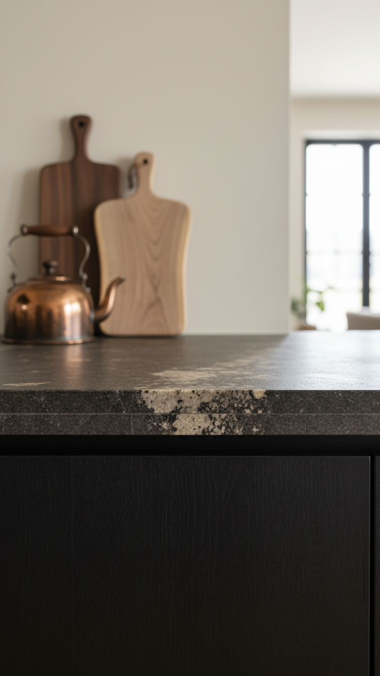 Elegant, earthy kitchen. Dark leathered granite countertop, raw matte texture, natural veining, copper kettle, wood cutting boards.