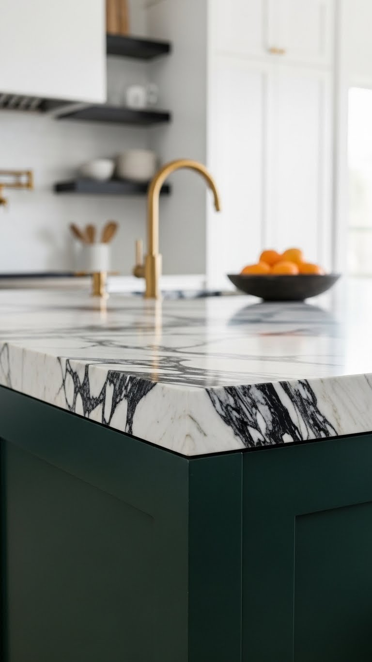 Elegant emerald green kitchen cabinets paired with dramatic black-veined white marble countertop and sleek brass faucet.