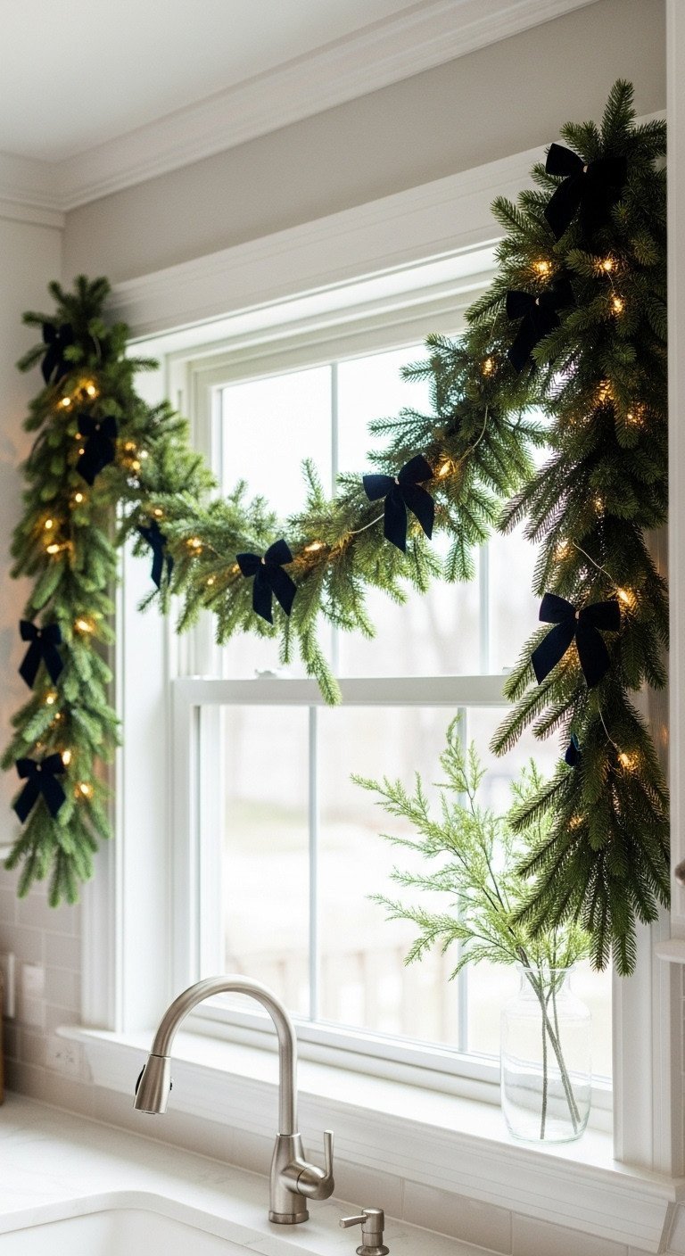 7 Elegant Navy Blue Christmas Kitchen Decor Secrets 9 Elegant faux cedar garland with warm white LED lights and navy blue velvet bows draped over a kitchen window.