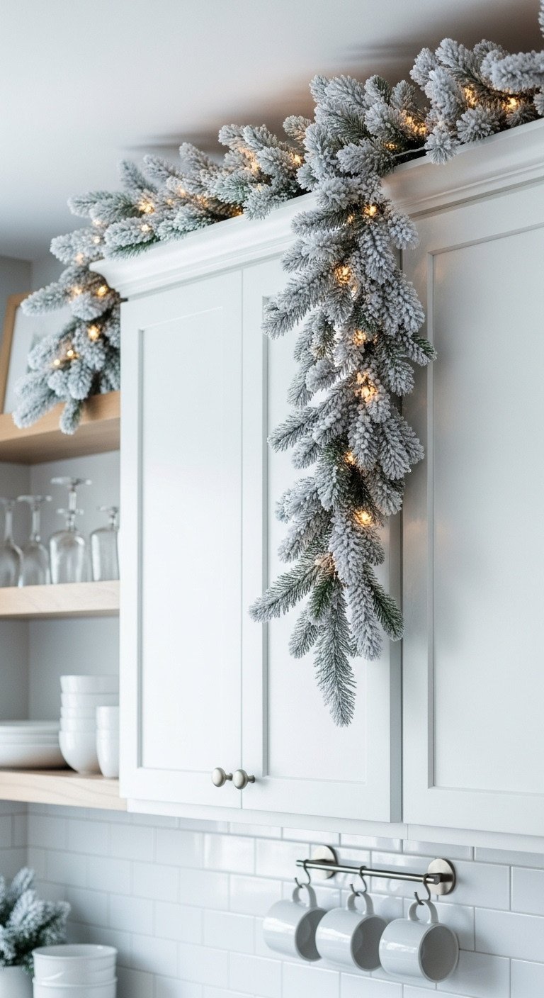 Elegant flocked garland with warm white lights draped on white kitchen cabinets, minimalist winter holiday kitchen decor.