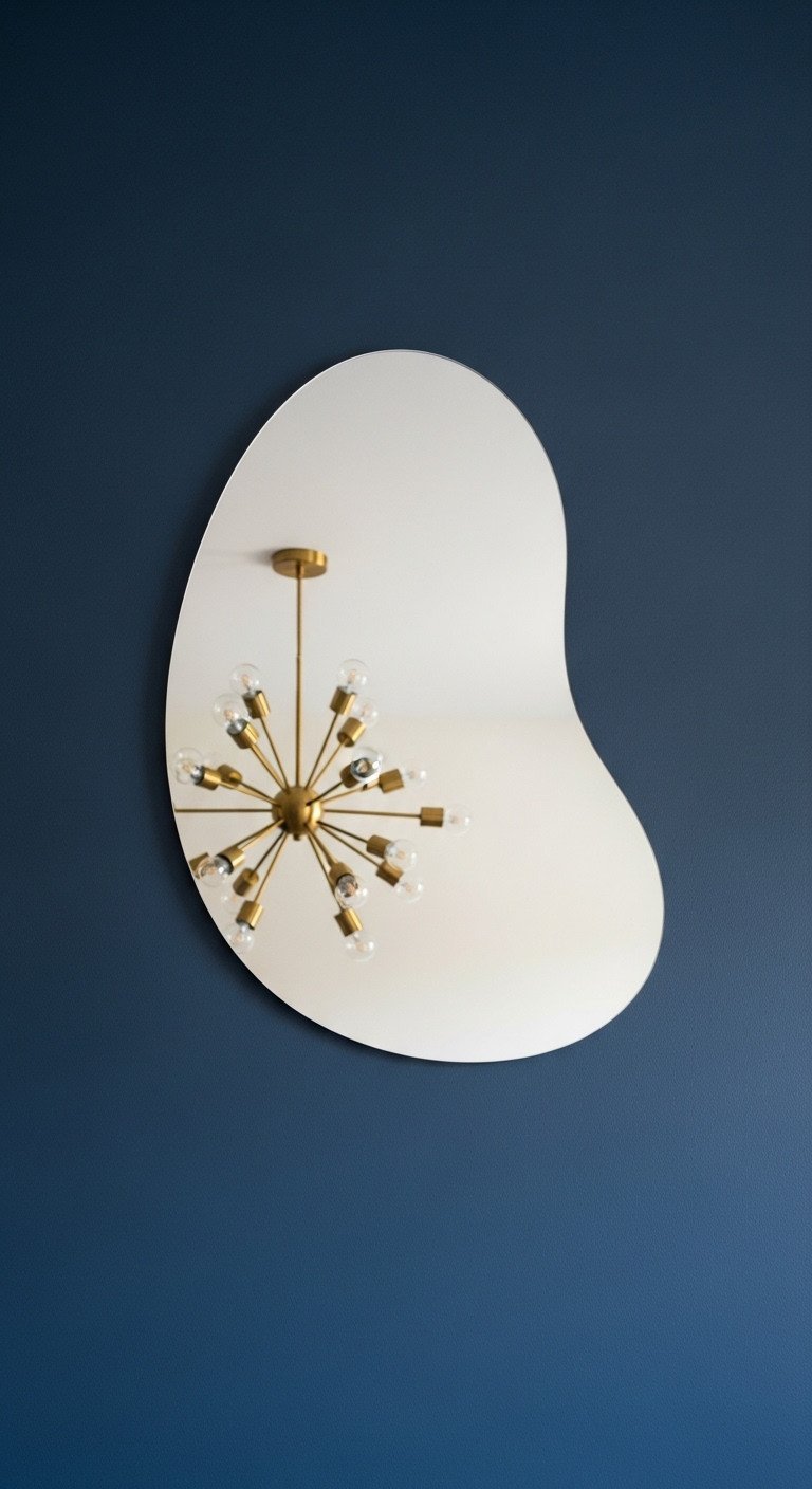 Elegant frameless biomorphic mirror in a kidney bean shape on a navy wall, reflecting a brass sputnik chandelier.