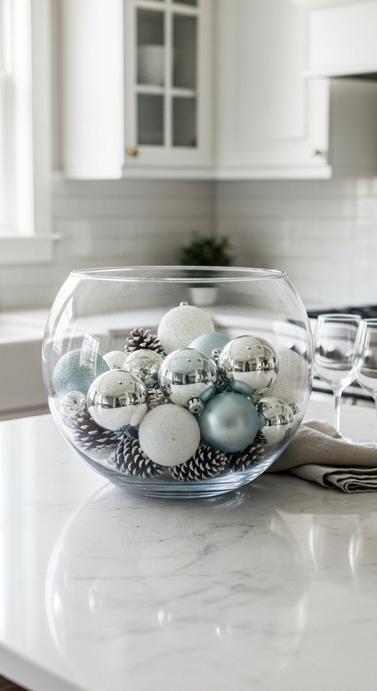 Elegant glass bowl centerpiece with silver, white, and icy blue ornaments and pinecones on a marble kitchen island.