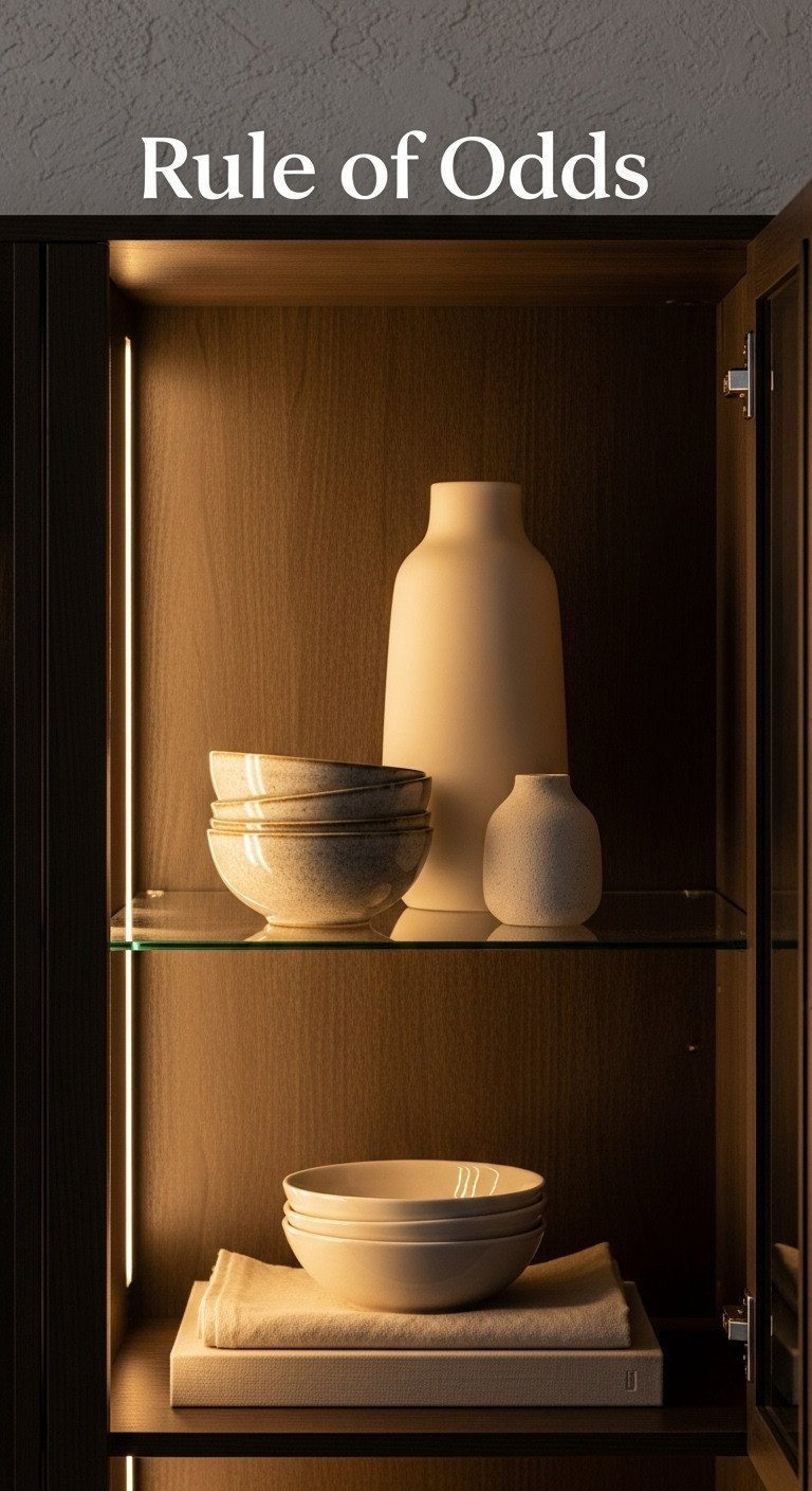 Elegant glass cabinet decor: tall vase, bowls, and accent on dark wood shelf, illustrating Rule of Odds and visual triangulation.