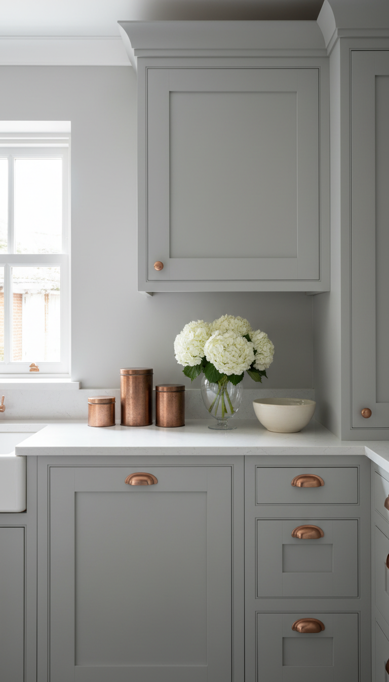 Elegant grey and copper kitchen with soft grey cabinets, muted copper handles, and copper-tone canisters on a white quartz counter.